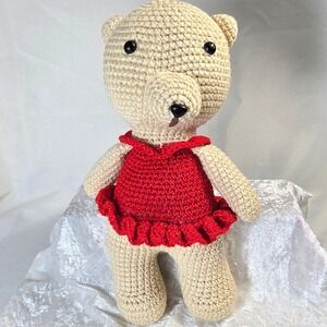12" Handmade Crochet Teddy Bear Amigurumi Plush Toy Red Dress‎ Beige Tan
